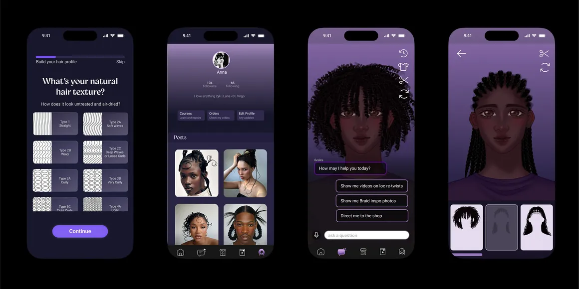 Braid app screens — hair texture quiz, profile, and AI stylist