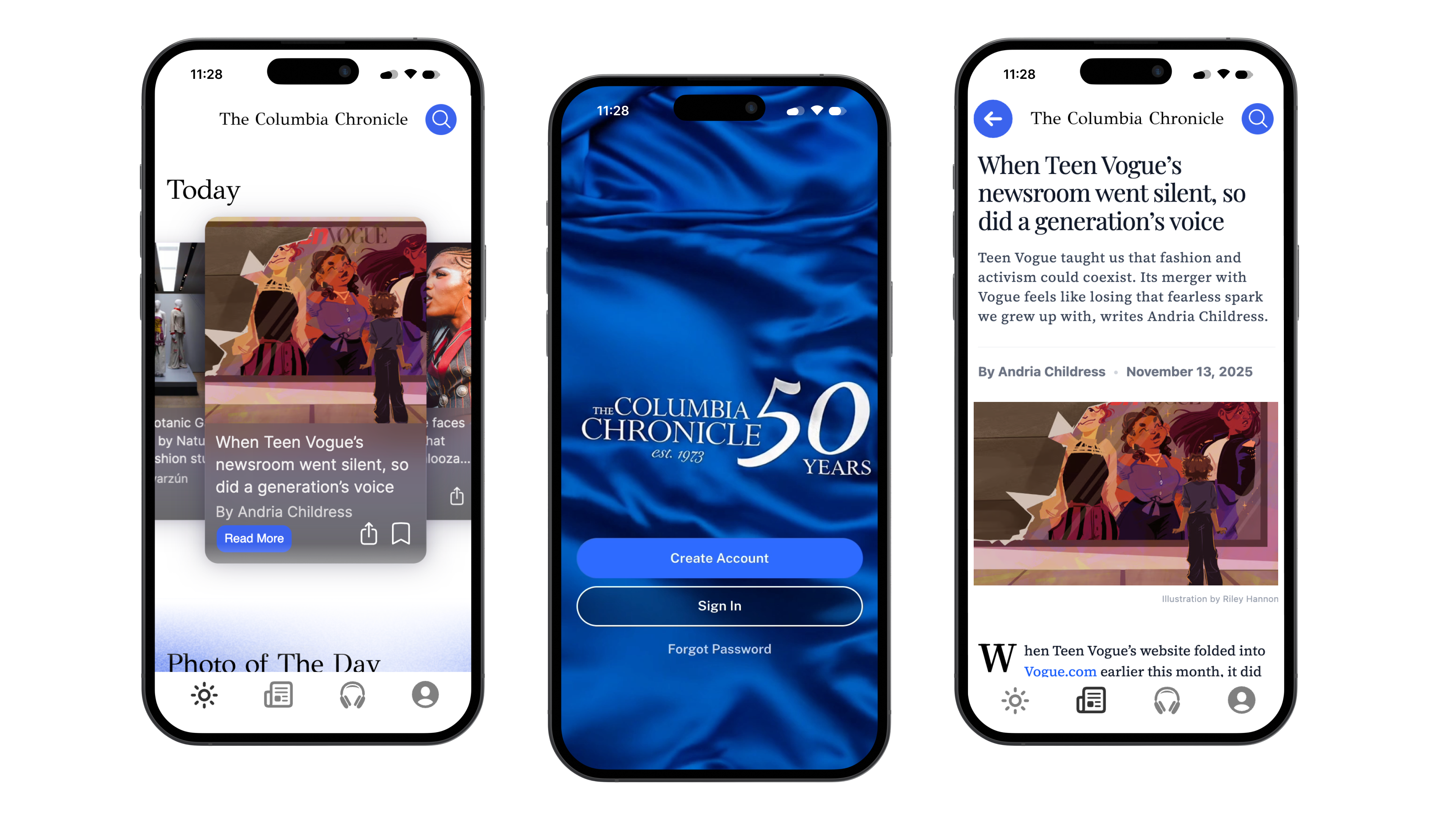 Chronicle app — Today feed, anniversary splash, and article view