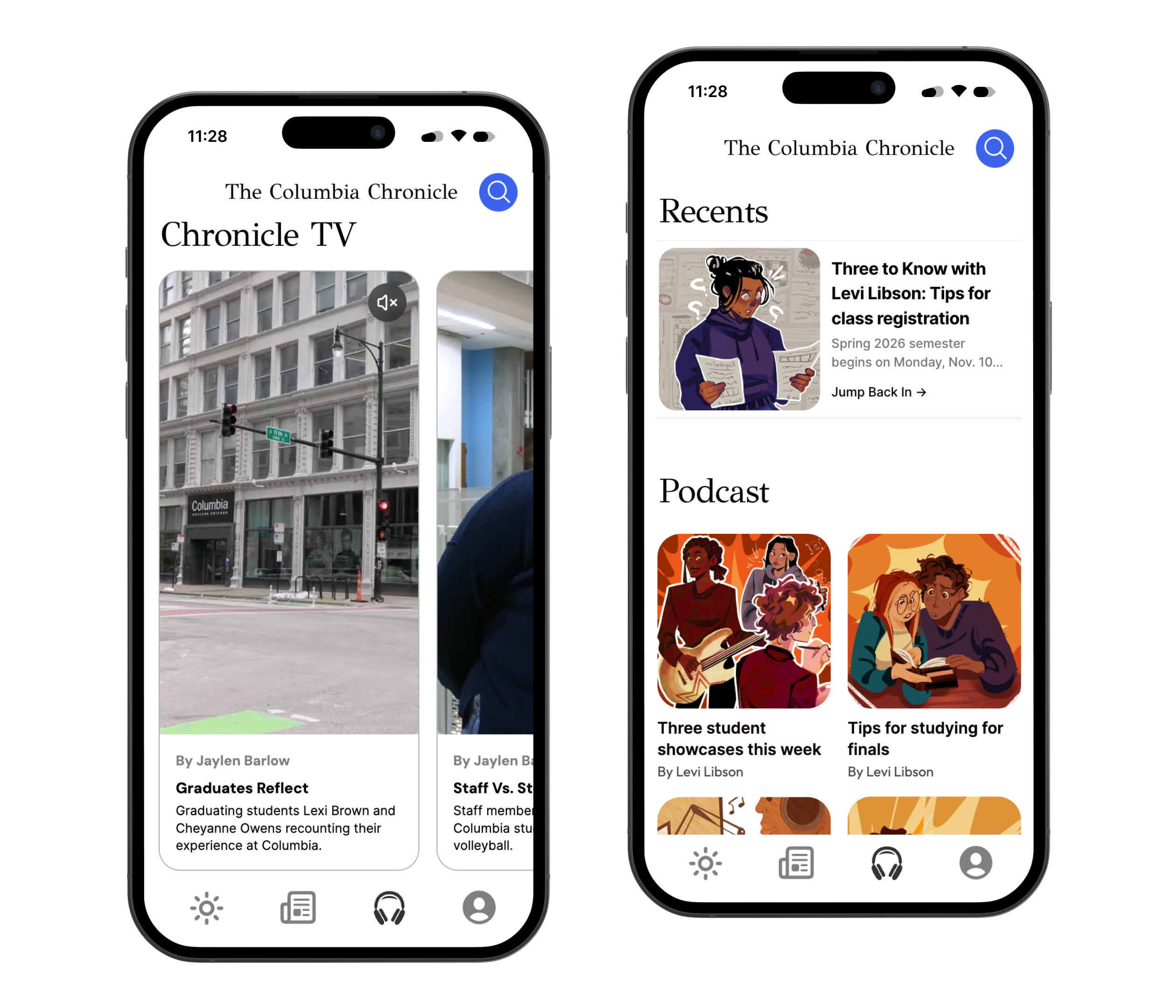 Chronicle app — Chronicle TV, Recents, and Podcast screens