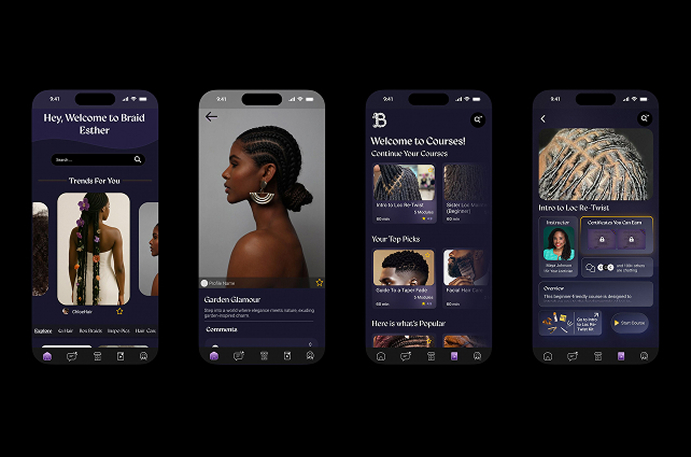 Braid app screens — home, profile, courses, and lesson detail